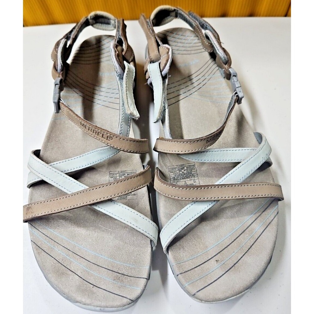Merrell OCEAN PLUS performance Sandals Women Size 10 Leather Tan blue‎ Strappy